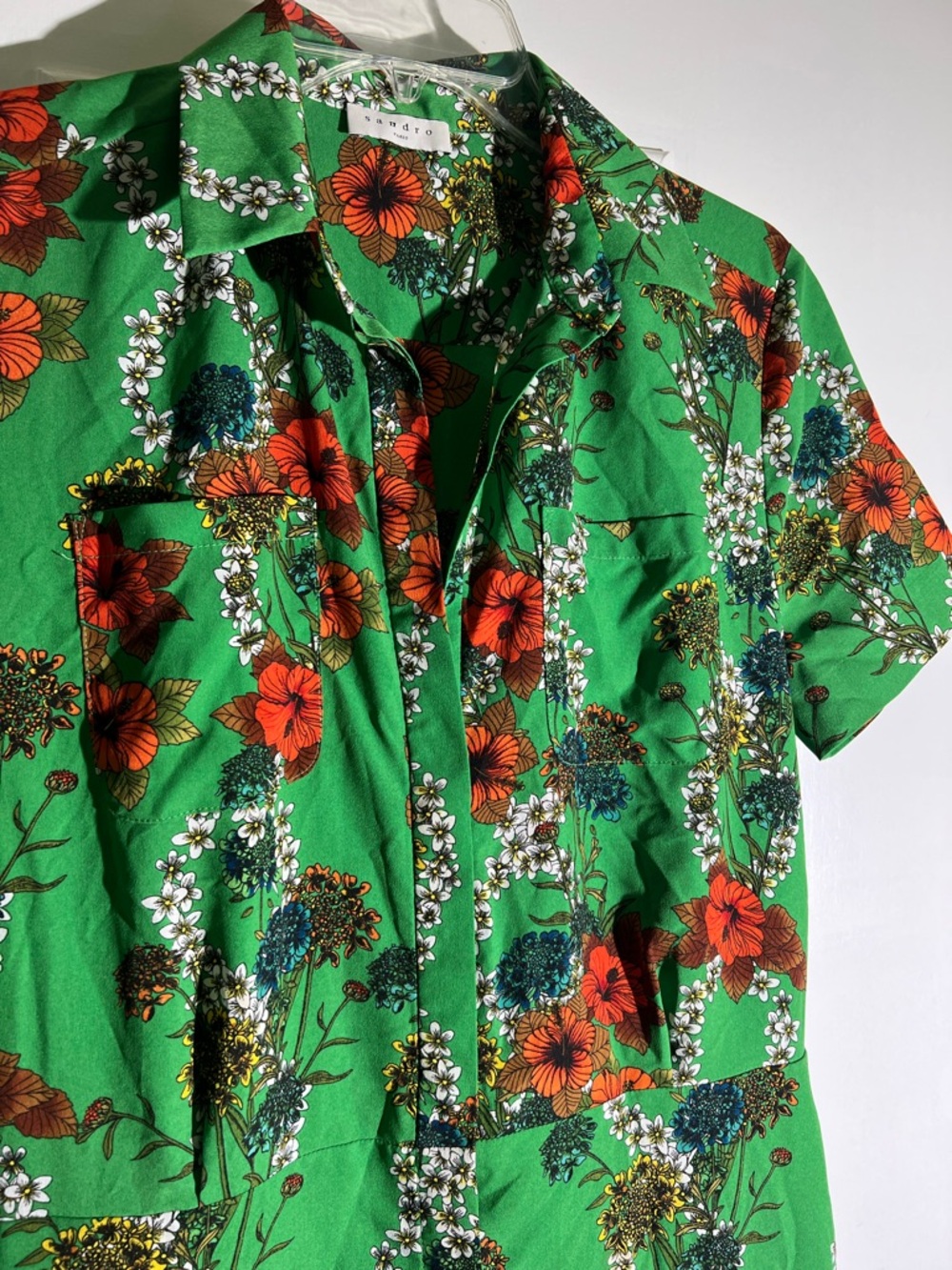 Sandro Green Floral Short-Sleeve Jumpsuit with Red Blooms - Picture 11 of 11